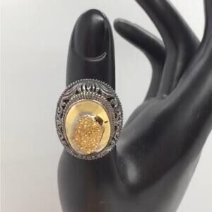 🌹 Vintage Heavy Gold Druzy Stone 925 Sterling Silver Chunky Oxidized Ring